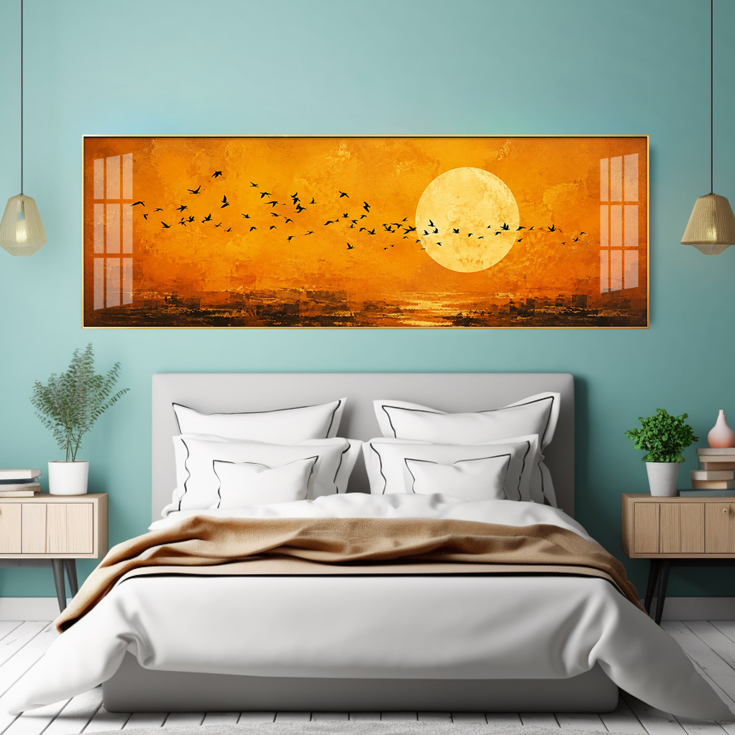 Flocking Birds Golden Sun Premium Acrylic Horizontal Wall Art