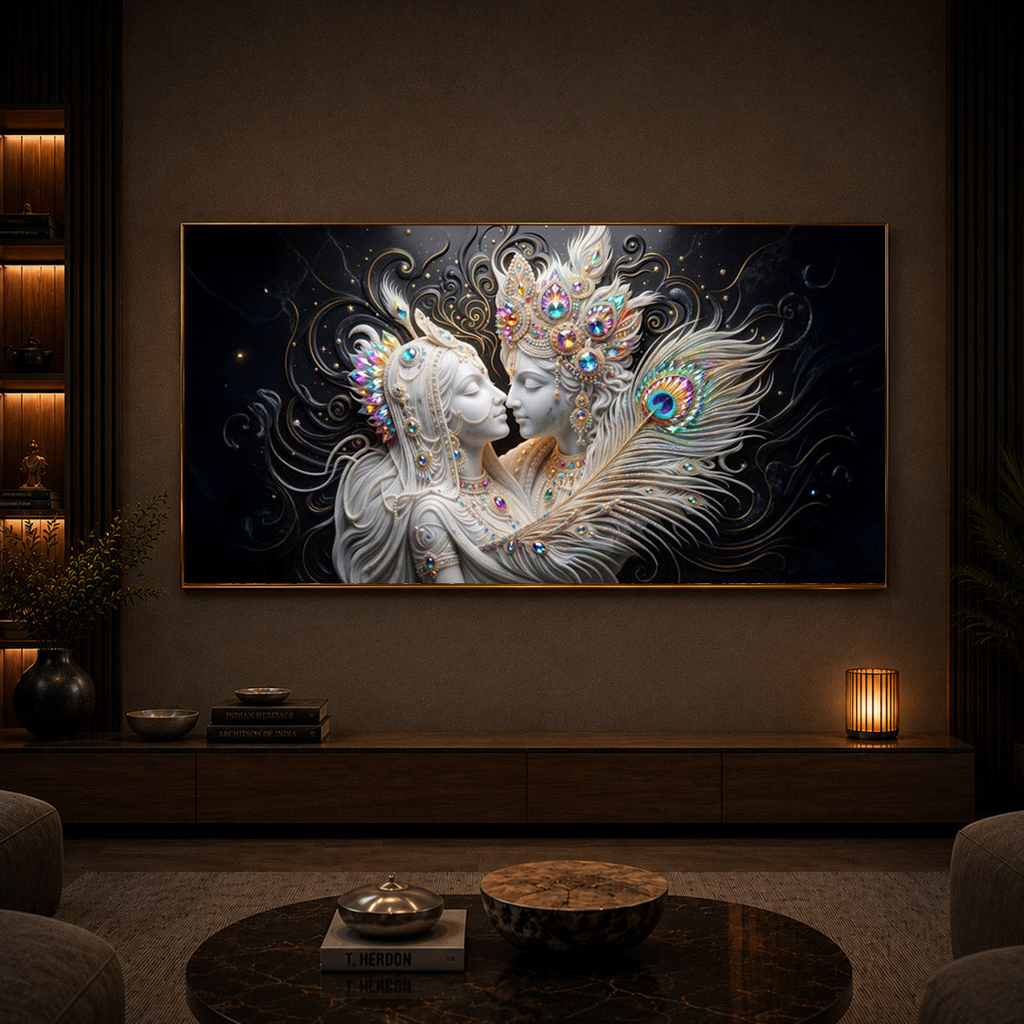 Depicts Radha Krishna Modern Luxury Backlight Horizontal Wall Art