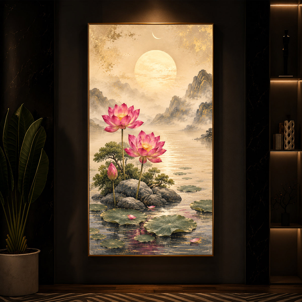 Serene Pink Lotus Landscape Modern Luxury Backlight Vertical Wall Art