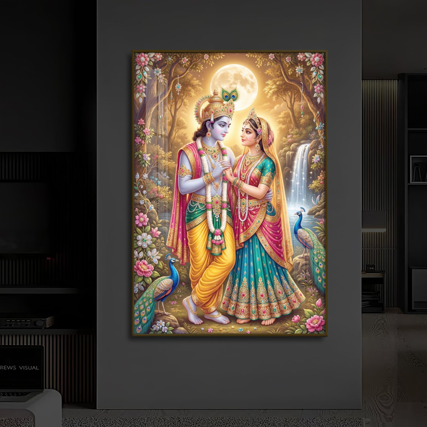 Radha Krishna in Vrindavan Garden Modern Luxury Backlight Vertical Wall Art