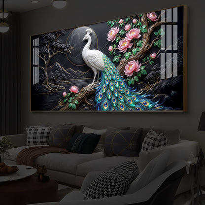 White Peacock With Flowers Modern Luxury Backlight Horizontal Wall Art