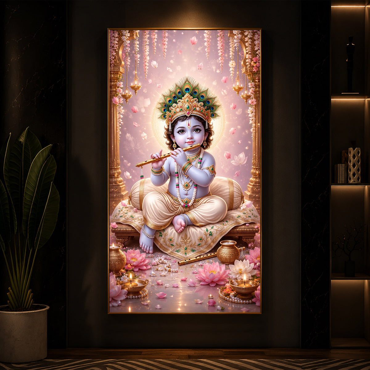Little Laddu Gopal Playing Flute Modern Luxury Backlight Vertical Wall Art