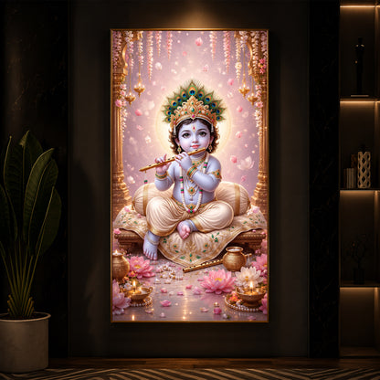 Little Laddu Gopal Playing Flute Modern Luxury Backlight Vertical Wall Art