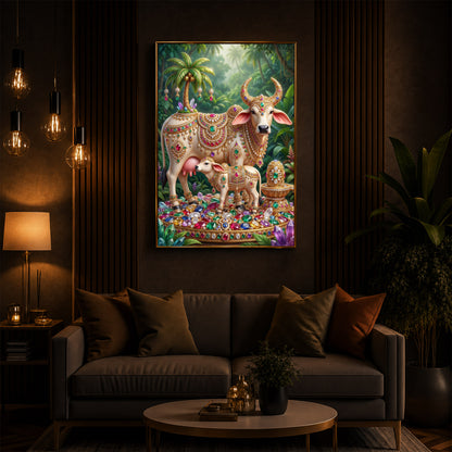 Kamadhenu Cow With Shiv Ji Modern Luxury Backlight Vertical Wall Art