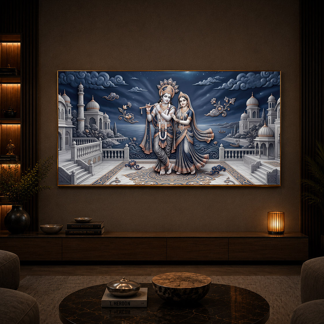 Divine Radha Krishna With Flute Modern Luxury Backlight Horizontal Wall Art