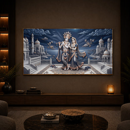 Divine Radha Krishna With Flute Modern Luxury Backlight Horizontal Wall Art