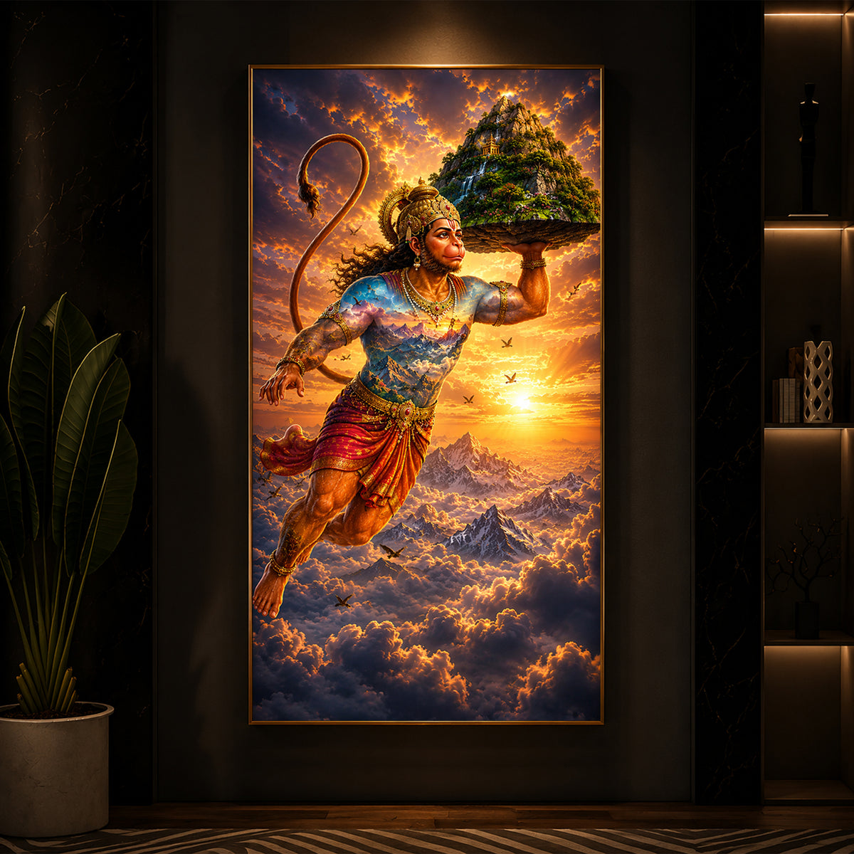 Lord Hanuman Carrying Sanjeevani Mountain Modern Luxury Backlight Vertical Wall Art
