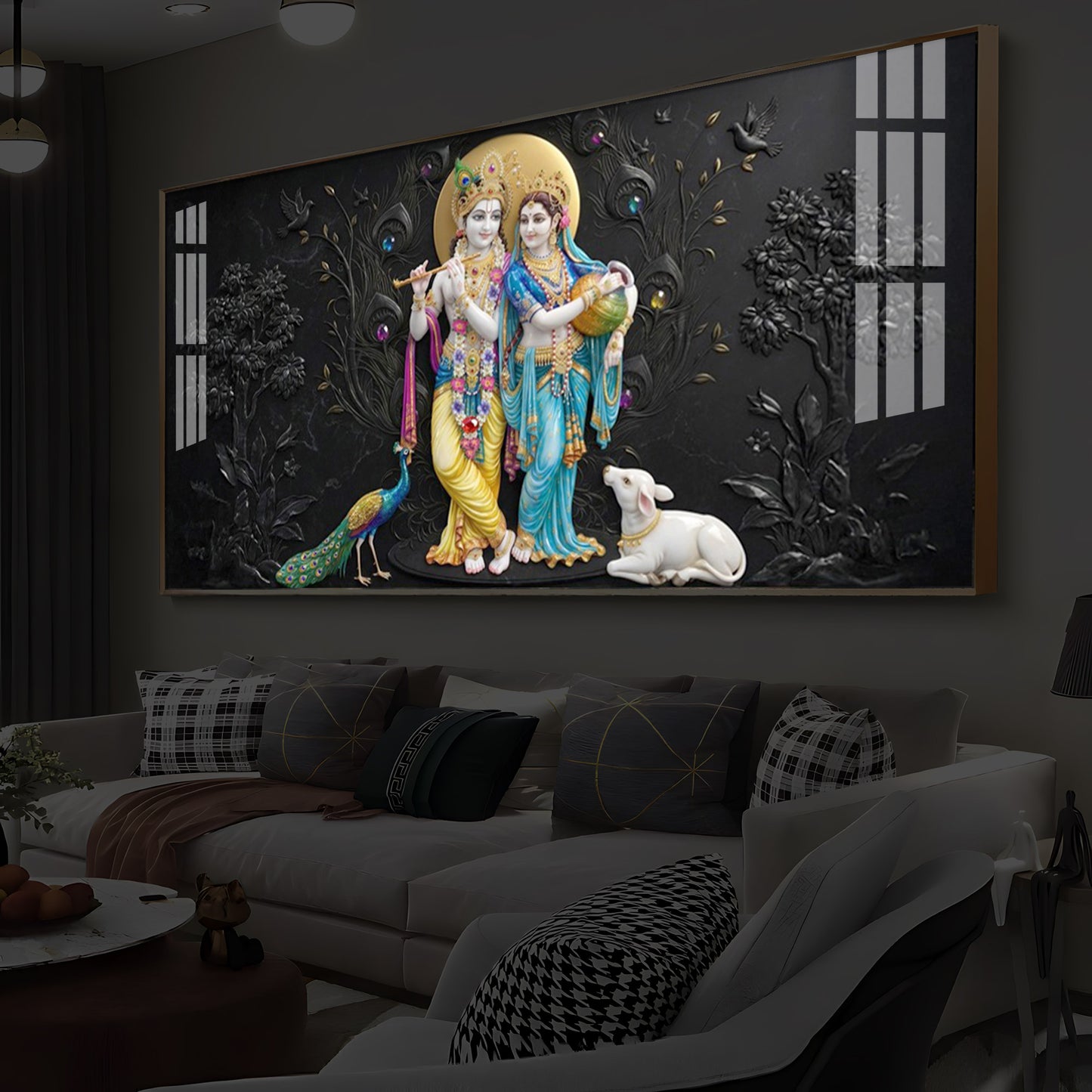 Depicting Radha Krishna Modern Luxury Backlight Horizontal Wall Art