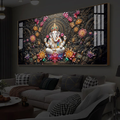 Lord Ganesha Blooming Lotuses Modern Luxury Backlight Horizontal Wall Art