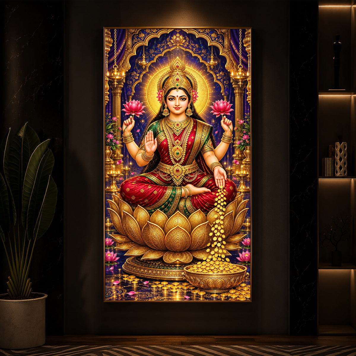 Goddess Maa Laxmi Modern Luxury Backlight Vertical Wall Art