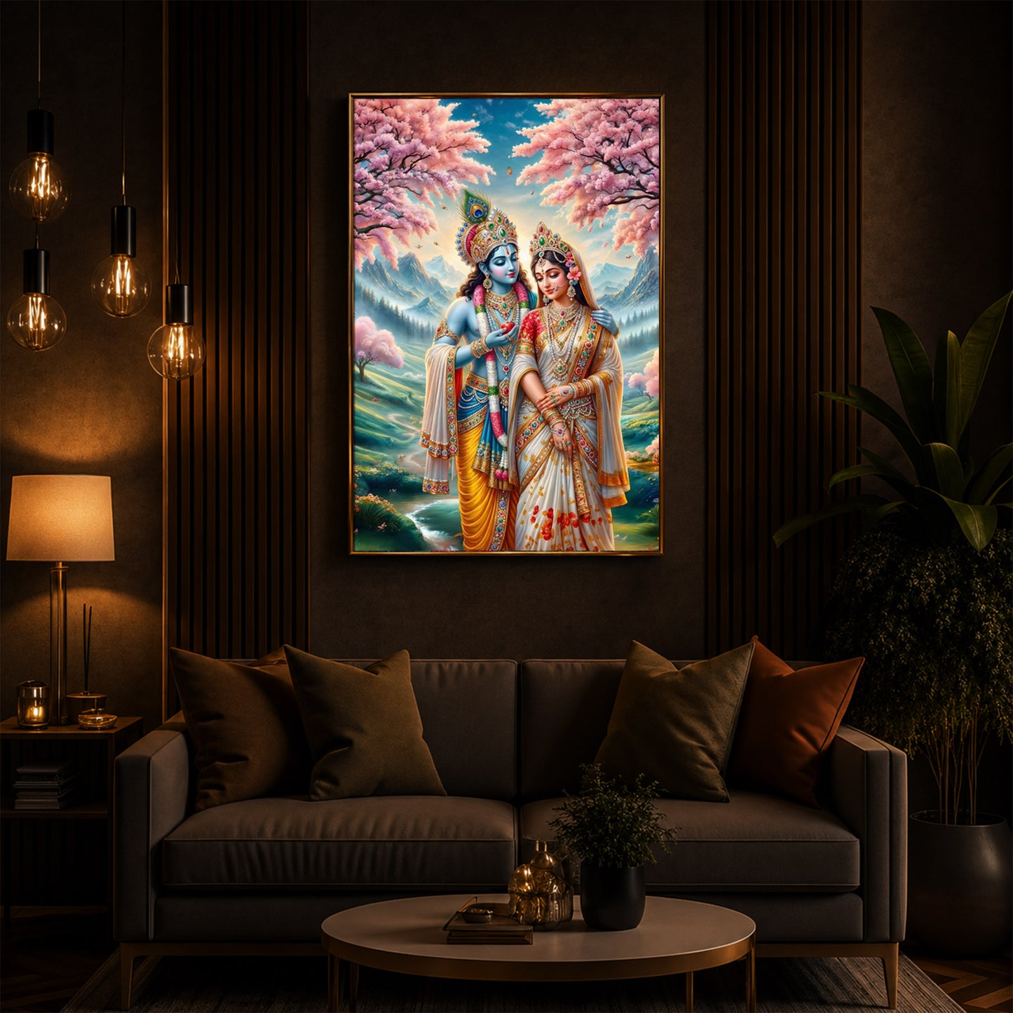 Radha Krishna Standing Together Modern Luxury Backlight Vertical Wall Art