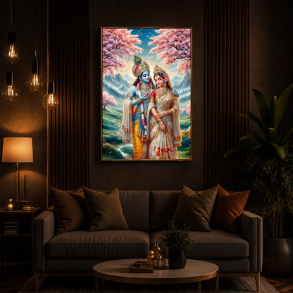 Radha Krishna Standing Together Modern Luxury Backlight Vertical Wall Art