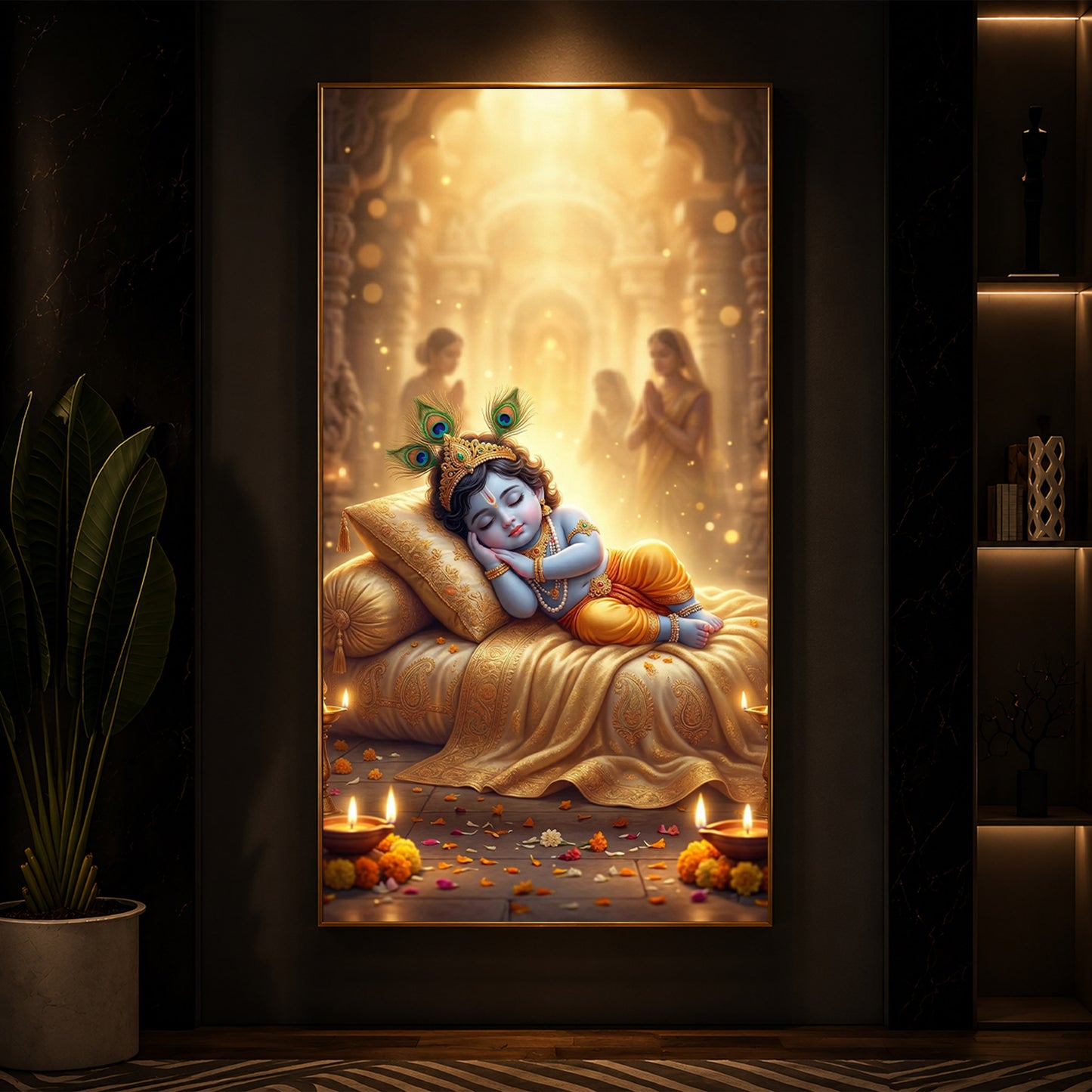 Sleeping Little Krishna Ji Modern Luxury Backlight Vertical Wall Art