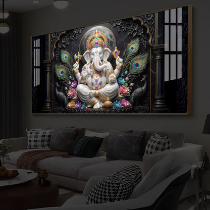Lord Ganesha With Peacock Feather Modern Luxury Backlight Horizontal Wall Art