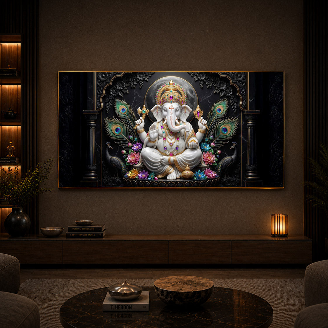 Lord Ganesha With Peacock Feather Modern Luxury Backlight Horizontal Wall Art