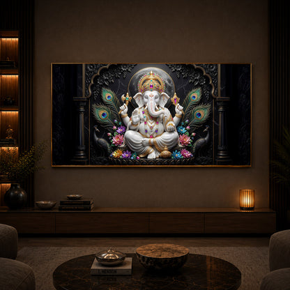 Lord Ganesha With Peacock Feather Modern Luxury Backlight Horizontal Wall Art