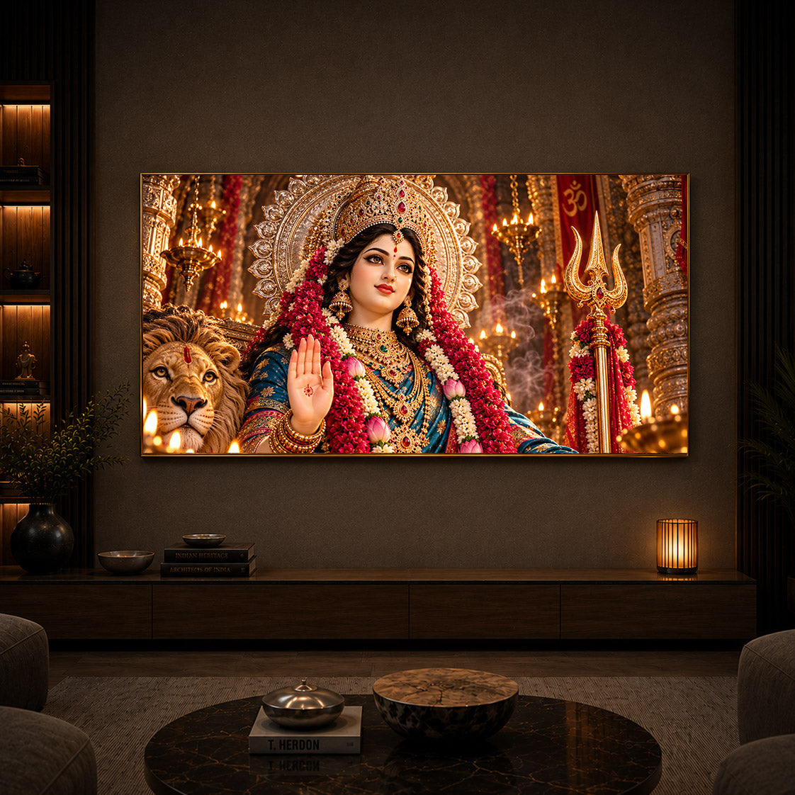 Divine Maa Durga Modern Luxury Backlight Horizontal Wall Art