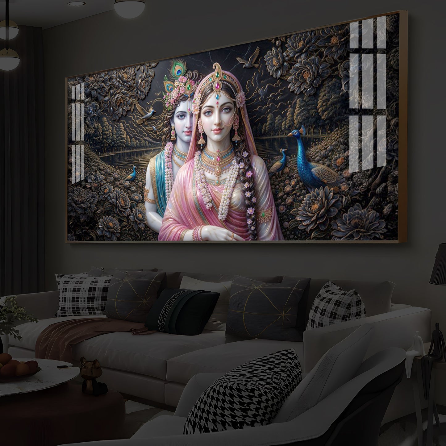 Blissful Radha Krishna Modern Luxury Backlight Horizontal Wall Art