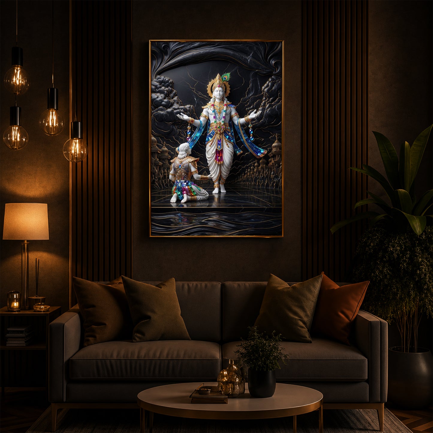 Lord Krishna With Arjuna Modern Luxury Backlight Vertical Wall Art