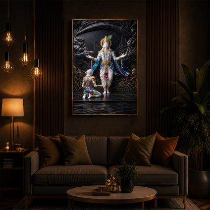 Lord Krishna With Arjuna Modern Luxury Backlight Vertical Wall Art