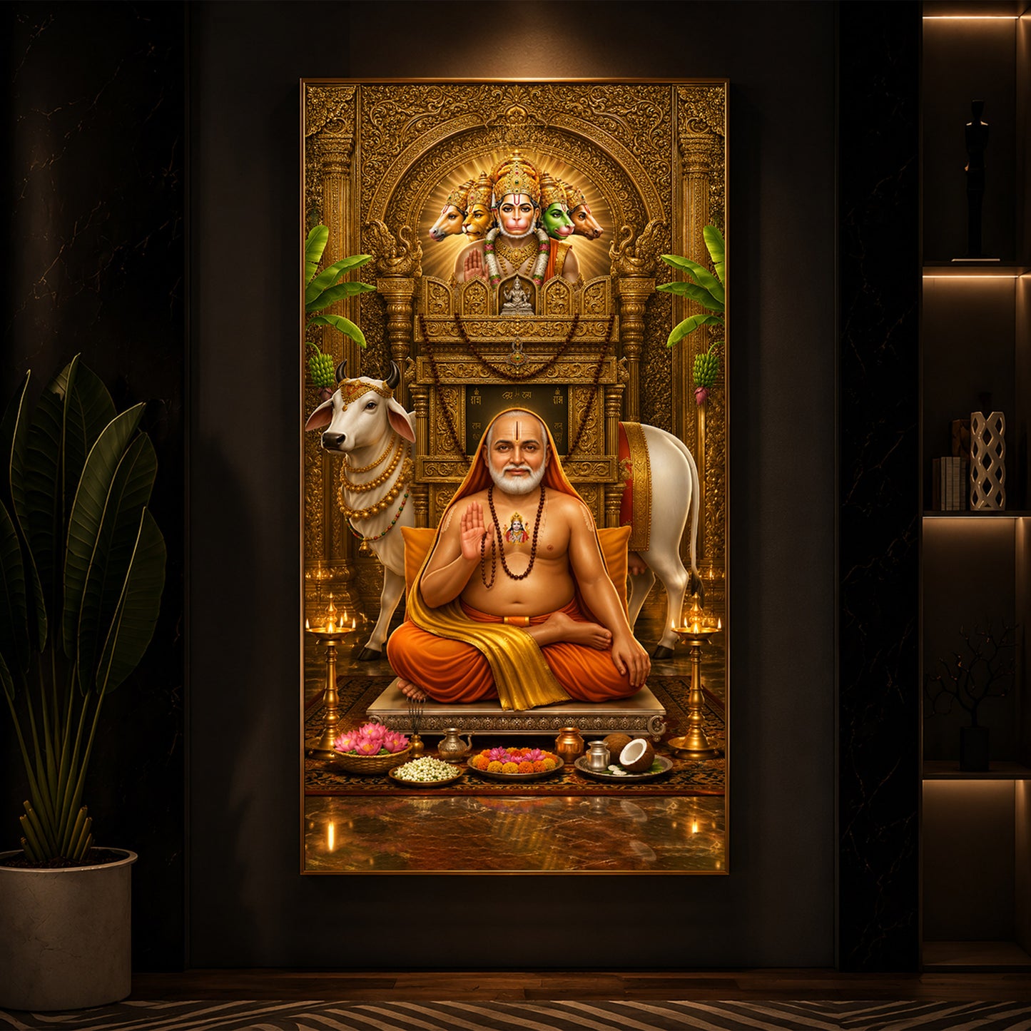 Sri Raghavendra Swamy With Cow Modern Luxury Backlight Vertical Wall Art