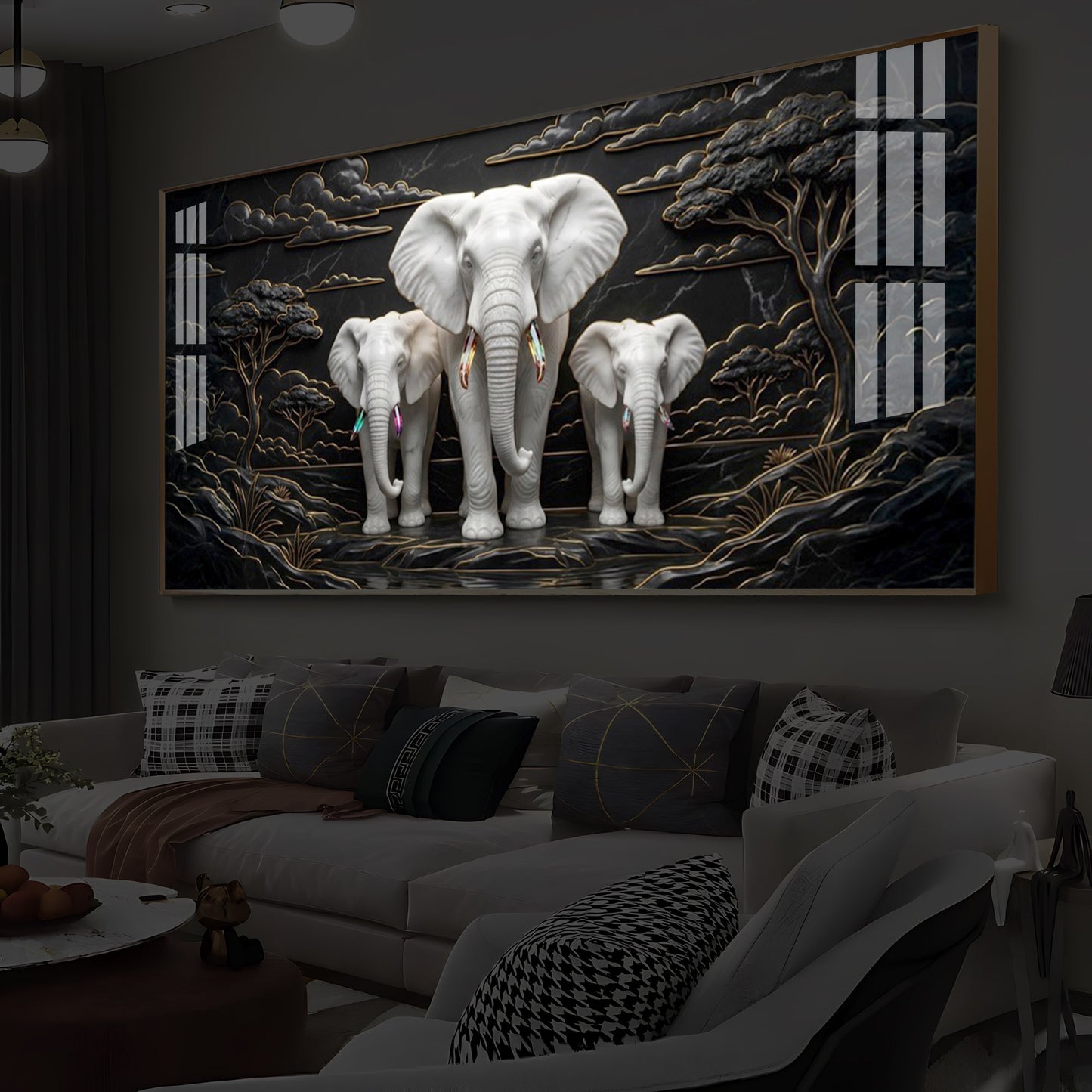 White Elephant Family Modern Luxury Backlight Horizontal Wall Art