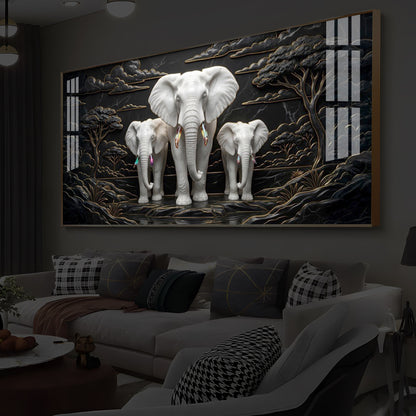 White Elephant Family Modern Luxury Backlight Horizontal Wall Art
