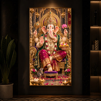 Ganapati Bappa Golden Throne Modern Luxury Backlight Vertical Wall Art