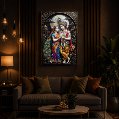 Radha Krishna With Moon Modern Luxury Backlight Vertical Wall Art