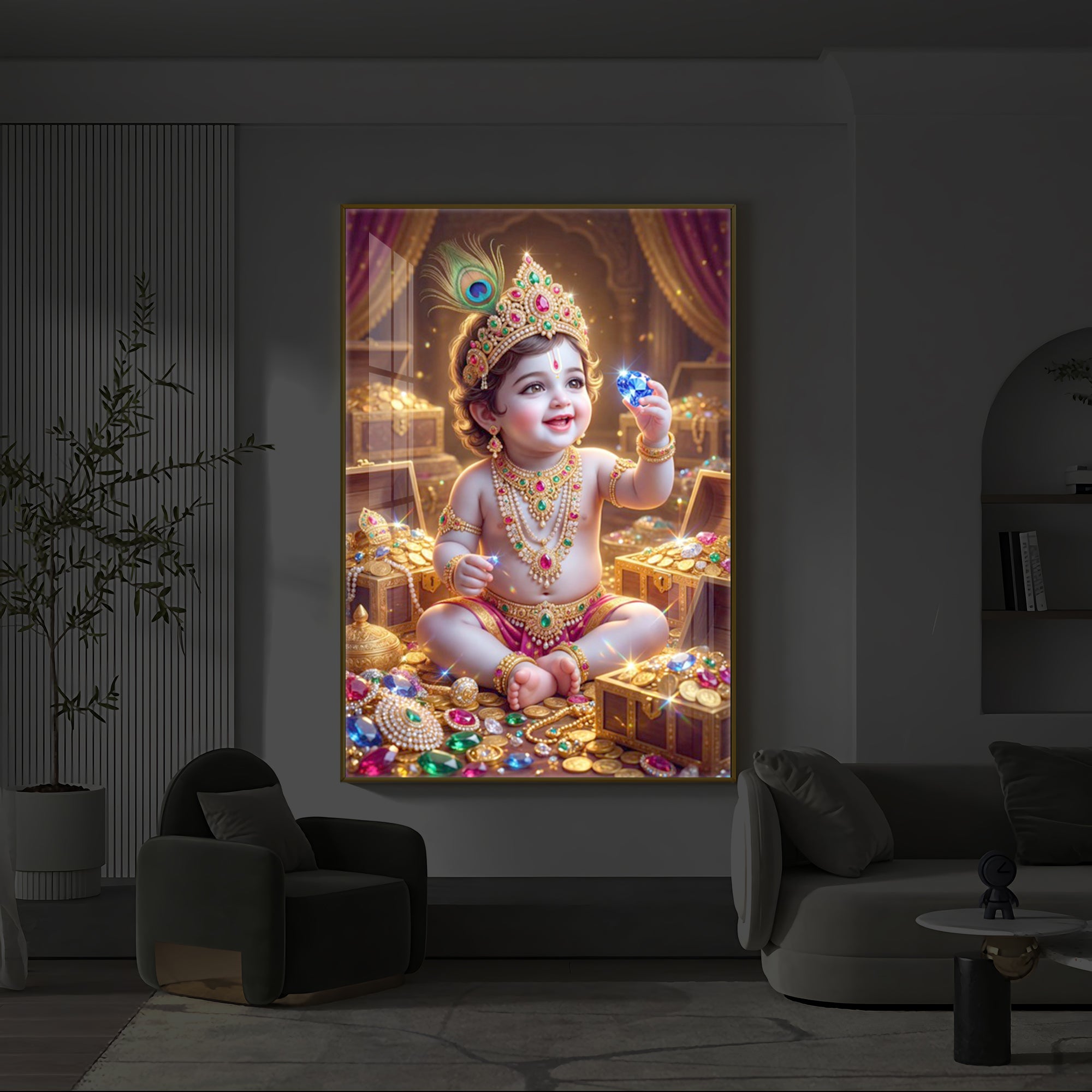 Little Lord Krishna Ji Modern Luxury Backlight Vertical Wall Art