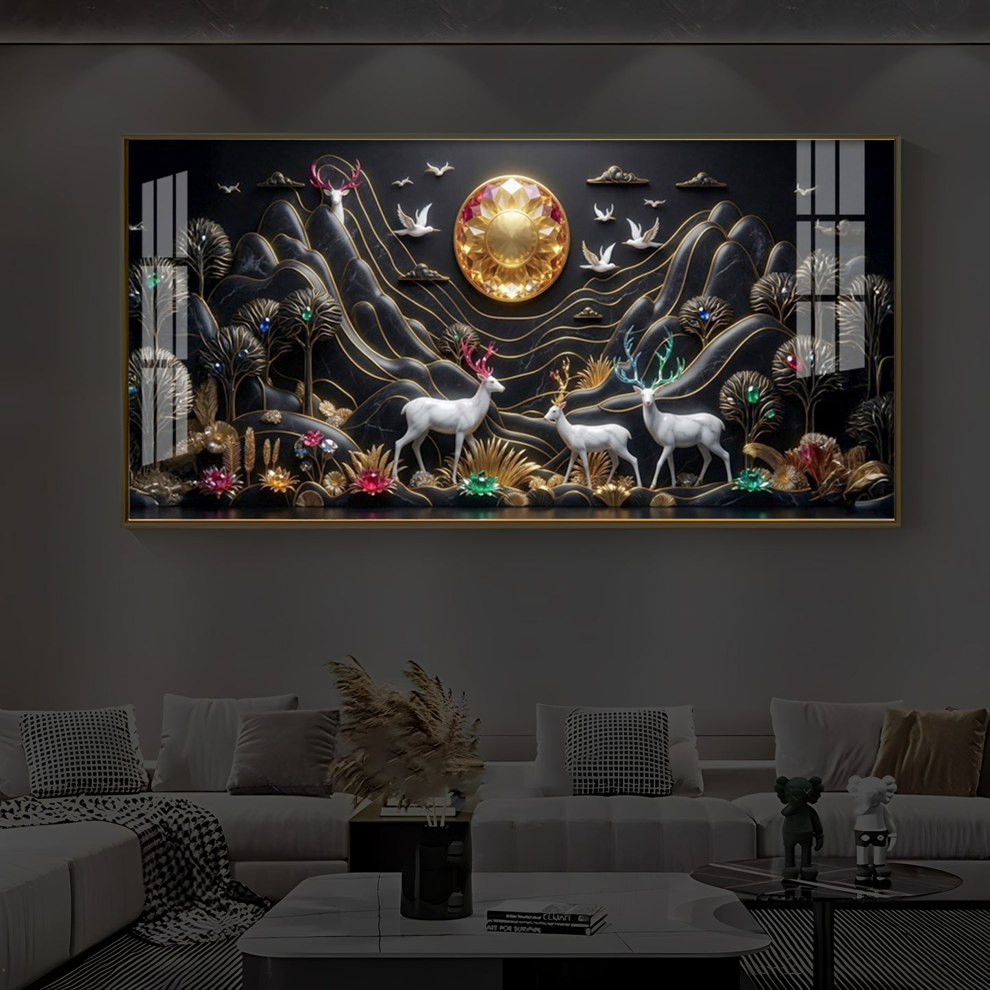 White Deer With Family Modern Luxury Backlight Horizontal Wall Art