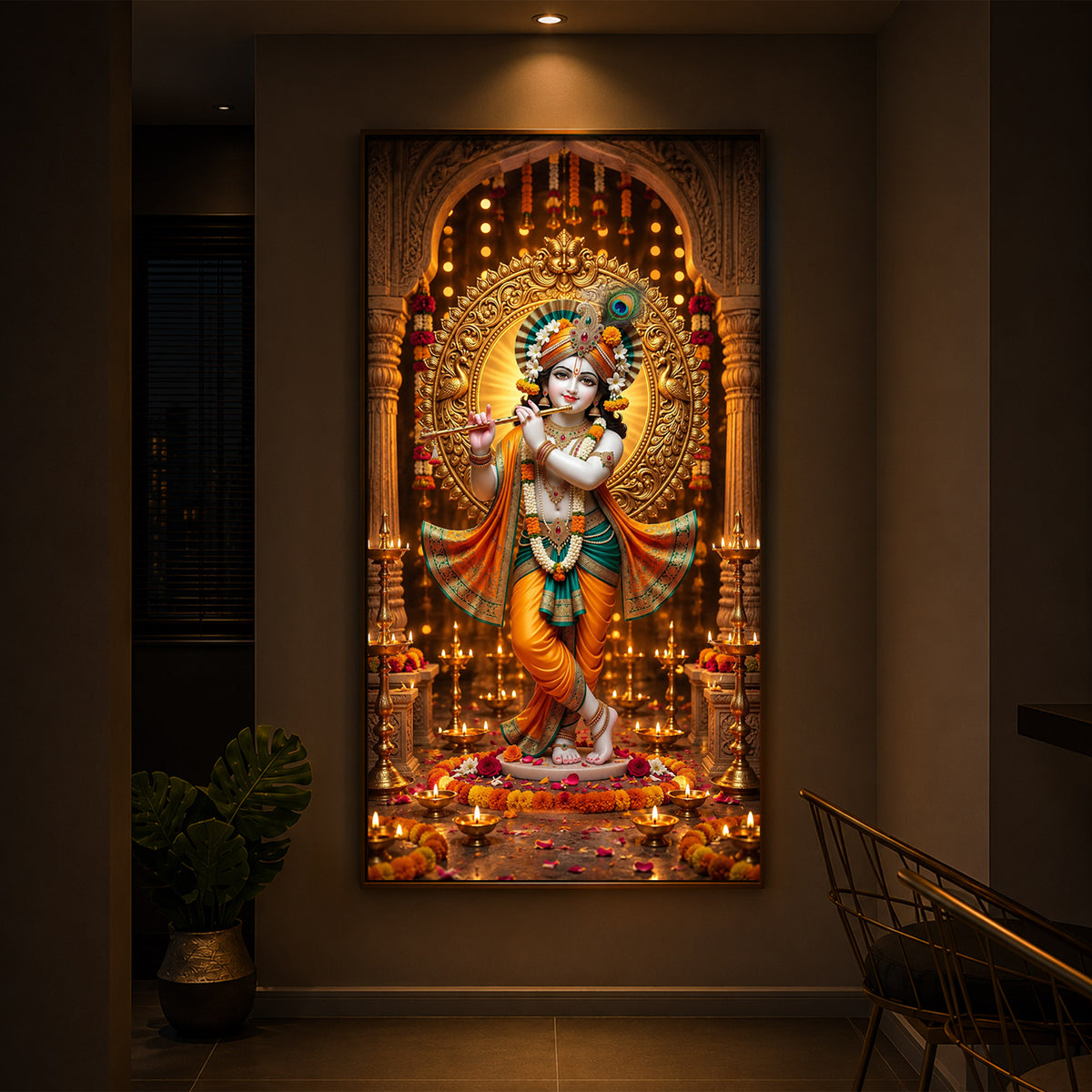 Lord Krishna Playing Flute In Standing Pose Modern Luxury Backlight Vertical Wall Art