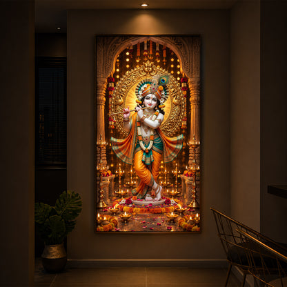 Lord Krishna Playing Flute In Standing Pose Modern Luxury Backlight Vertical Wall Art