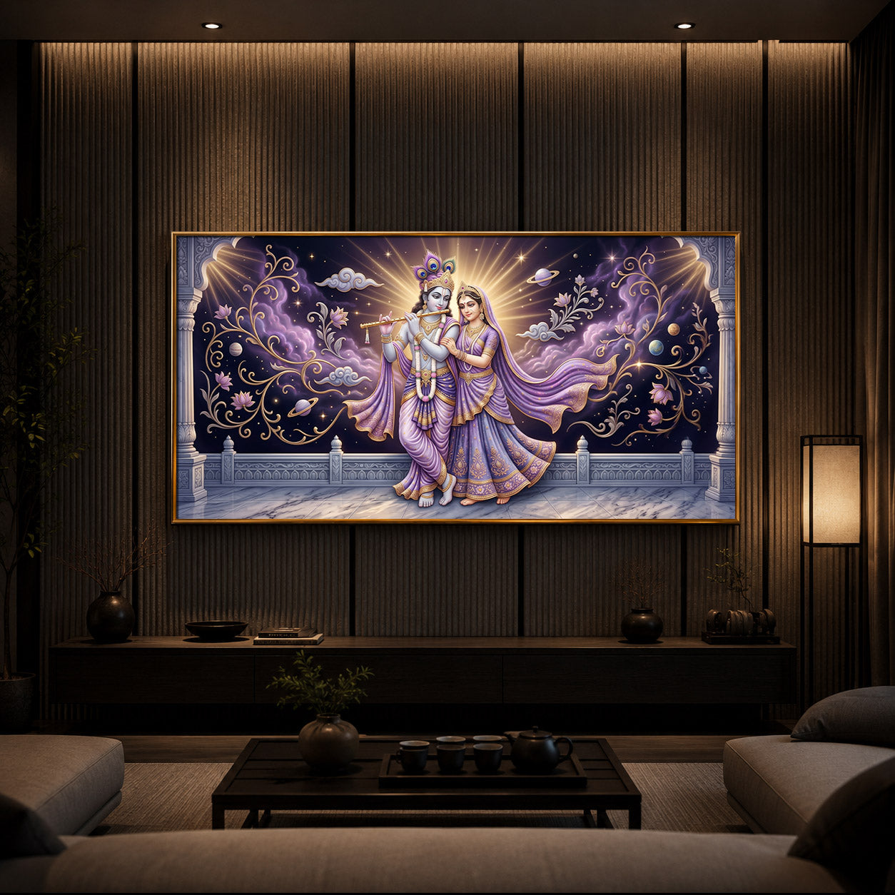 Divine Couple Radha Krishna Modern Luxury Backlight Horizontal Wall Art