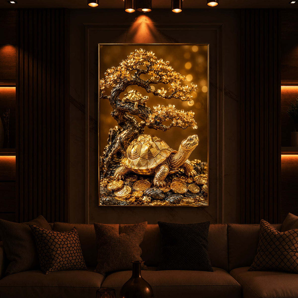 Golden Wealth Turtle Modern Luxury Backlight Vertical Wall Art