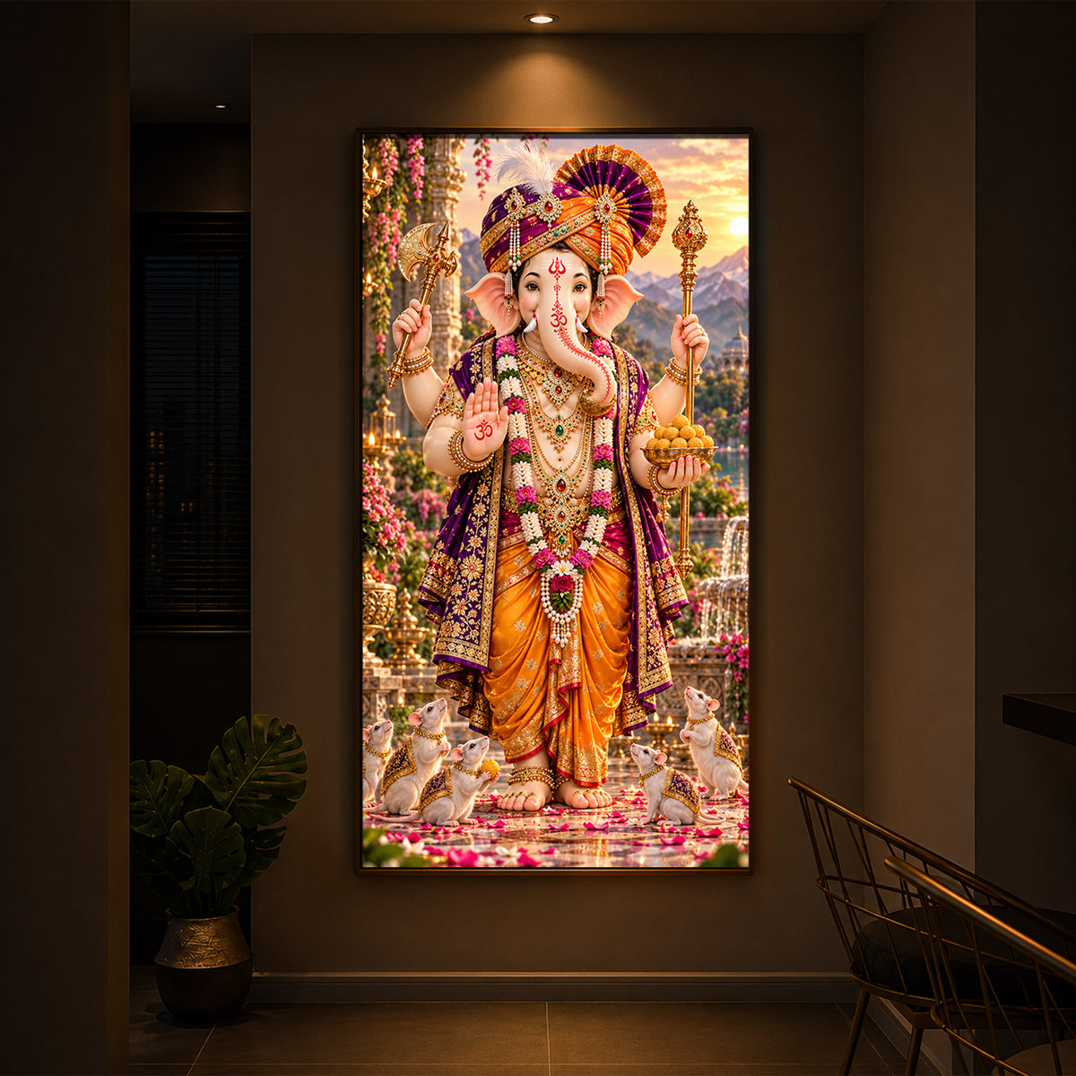 Lord Ganesha with Mushak Modern Luxury Backlight Vertical Wall Art