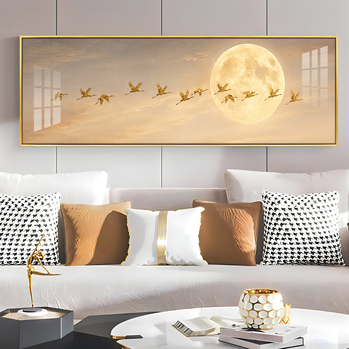 Golden Flying Cranes Full Moon Premium Acrylic Horizontal Wall Art