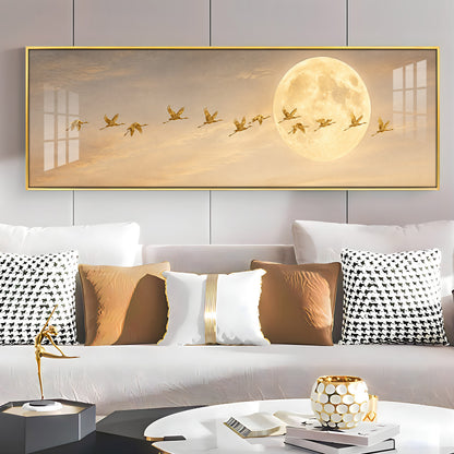 Golden Flying Cranes Full Moon Premium Acrylic Horizontal Wall Art