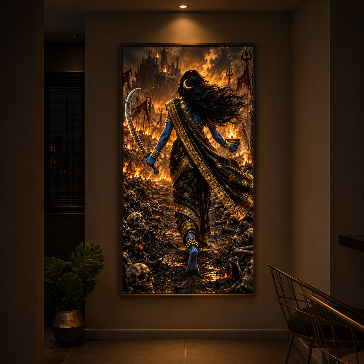 Maa Kalaratri Bhadrakali Modern Luxury Backlight Vertical Wall Art