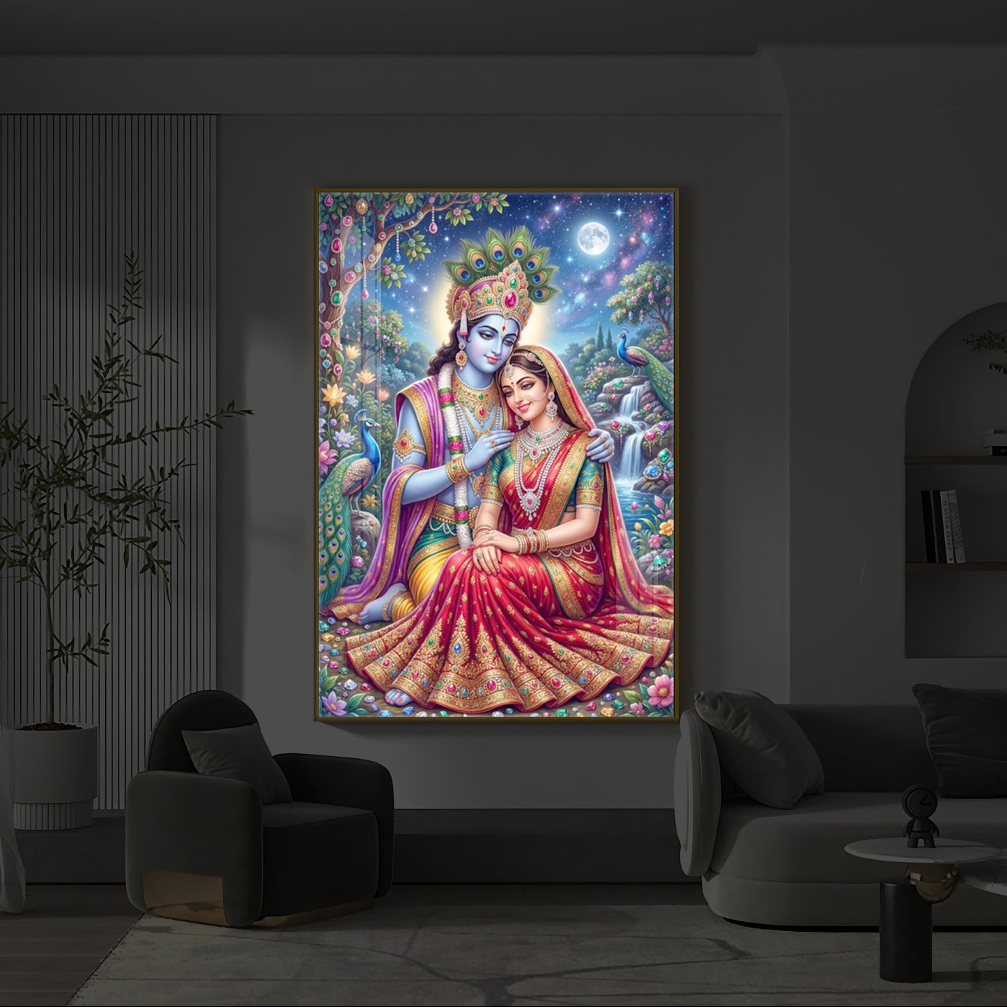 Divine Radha Krishna Serenity Modern Luxury Backlight Vertical Wall Art