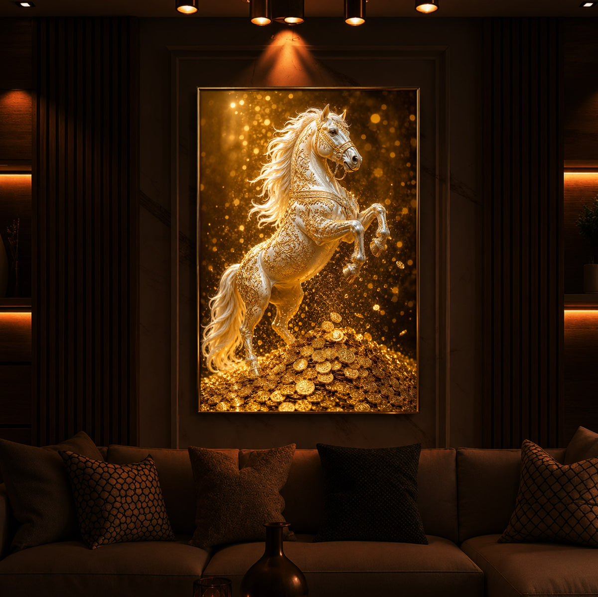 Majestic Golden Horse Modern Luxury Backlight Vertical Wall Art