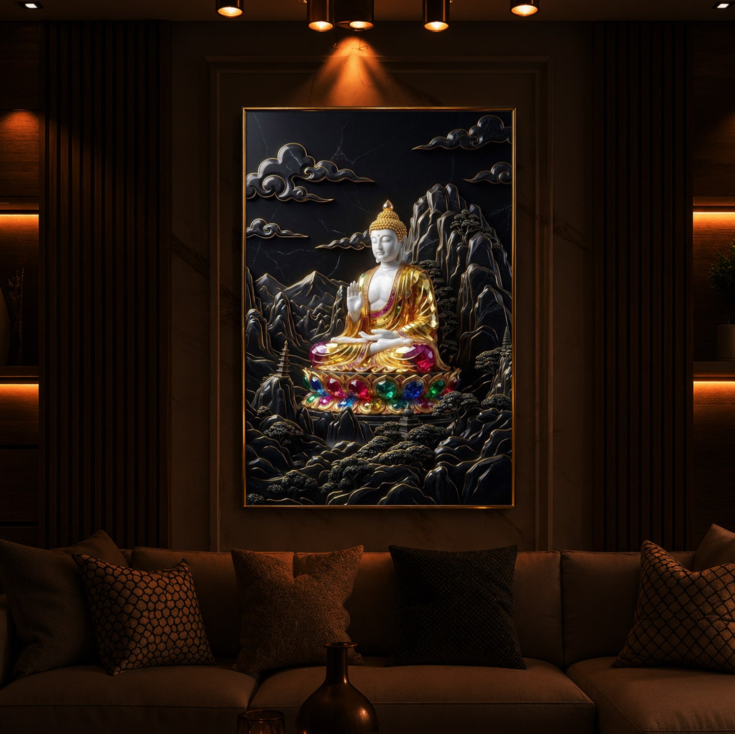 Buddha With Dark Background Modern Luxury Backlight Vertical Wall Art