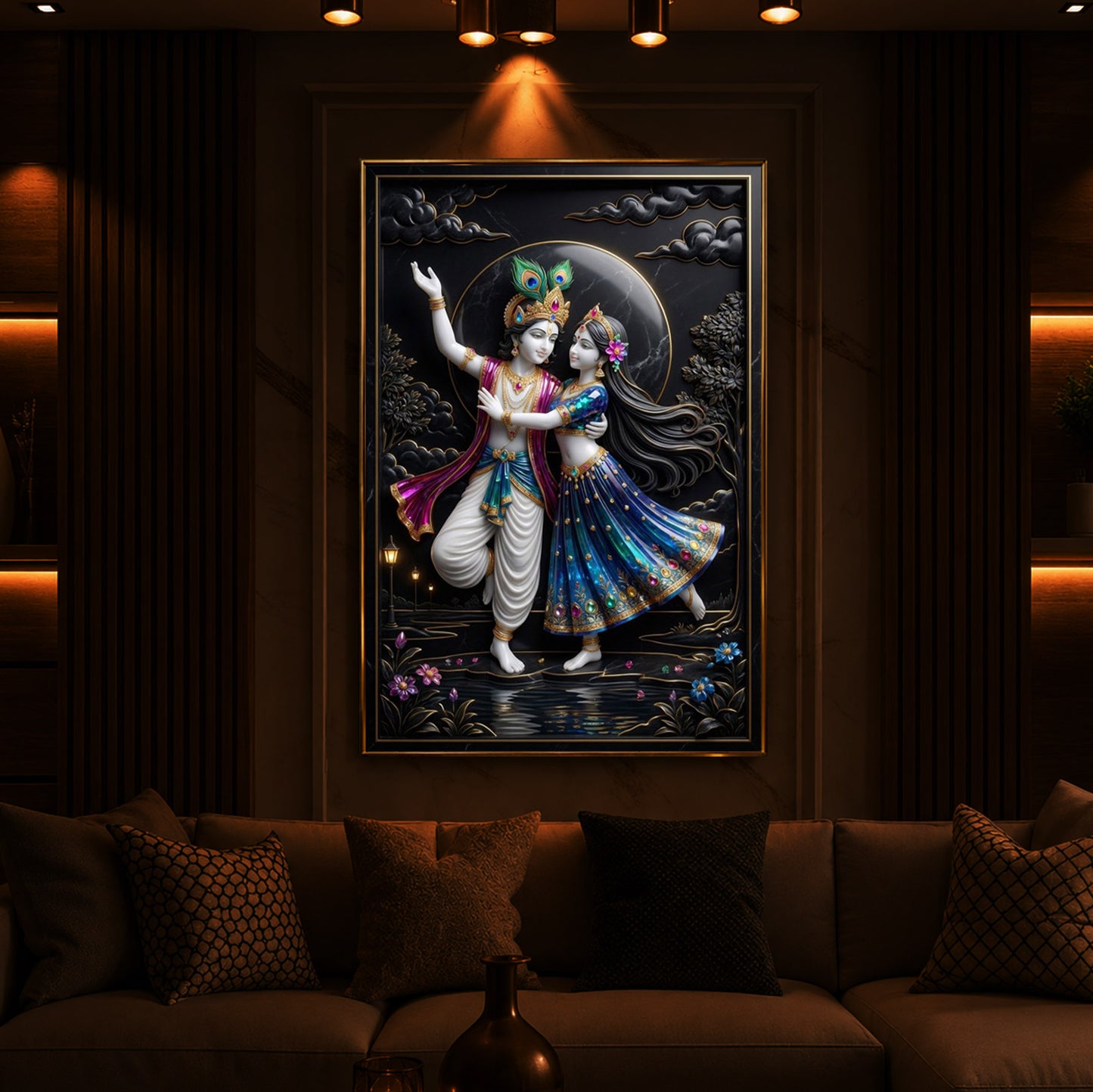Radha Krishna Dancing Together Modern Luxury Backlight Vertical Wall Art