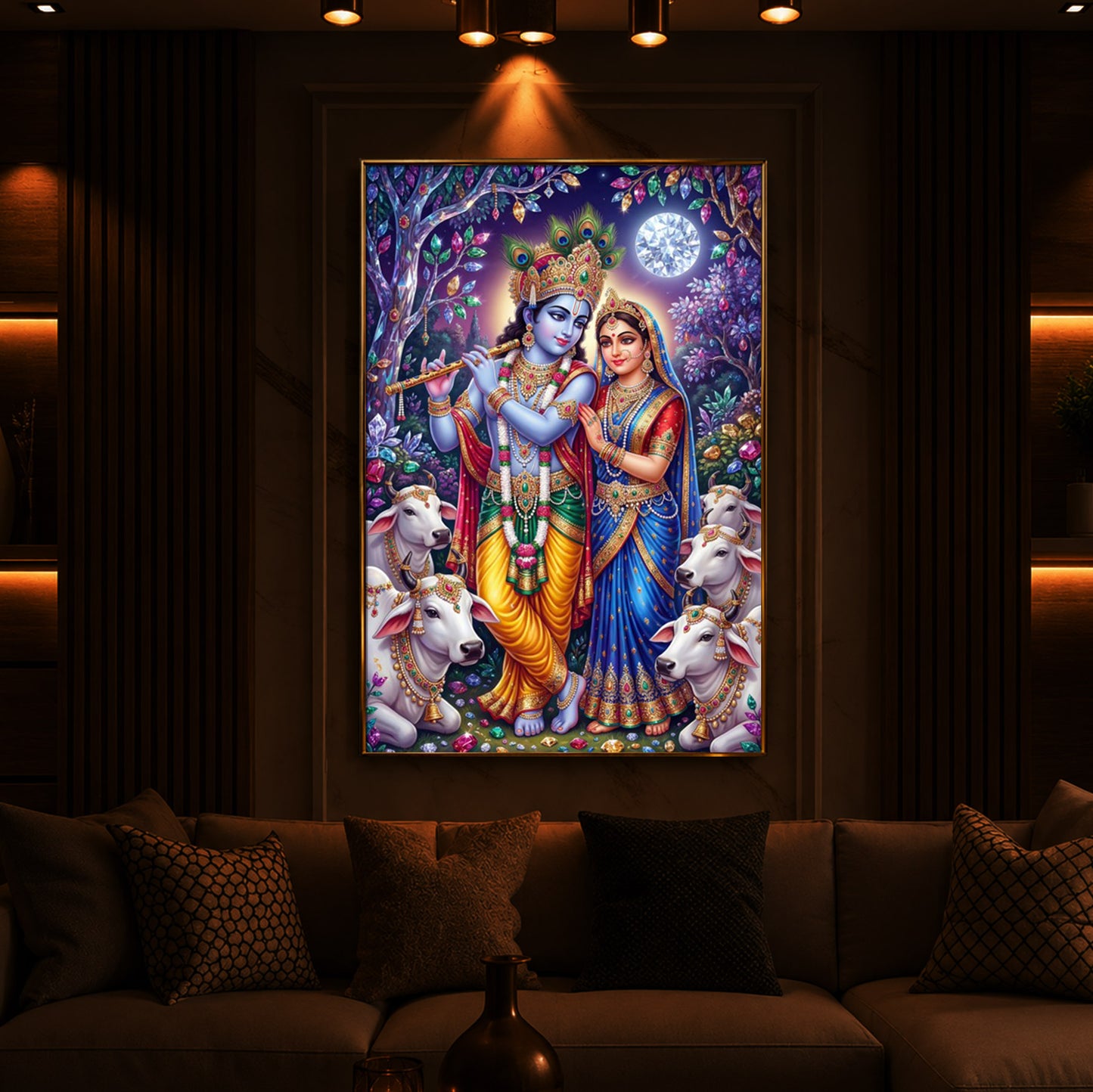 Lord Radha Krishna With Flute Modern Luxury Backlight Vertical Wall Art