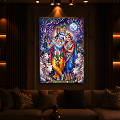 Lord Radha Krishna With Flute Modern Luxury Backlight Vertical Wall Art