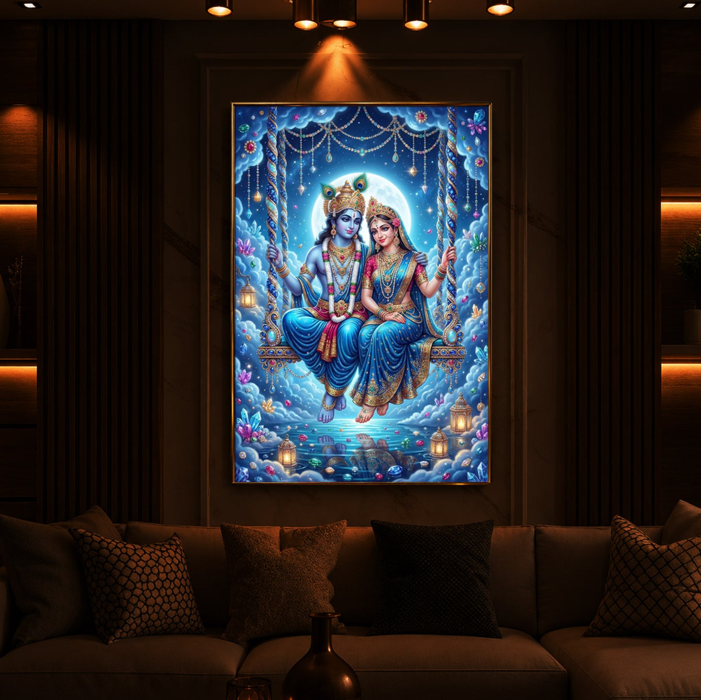 Hindu Deities Radha Krishna Modern Luxury Backlight Vertical Wall Art