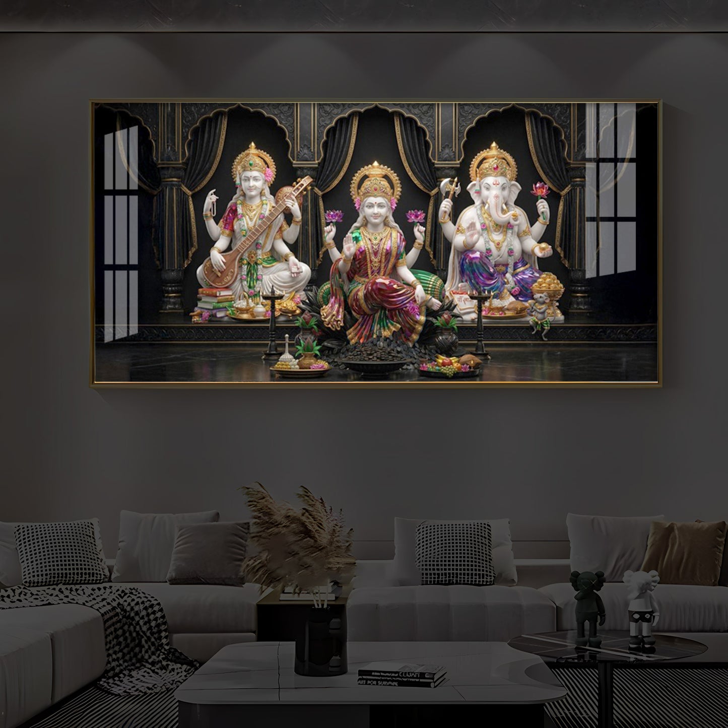 Saraswati,Lakshmi, & Lord Ganesha Modern Luxury Backlight Horizontal Wall Art