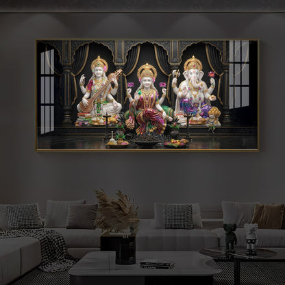 Saraswati,Lakshmi, & Lord Ganesha Modern Luxury Backlight Horizontal Wall Art