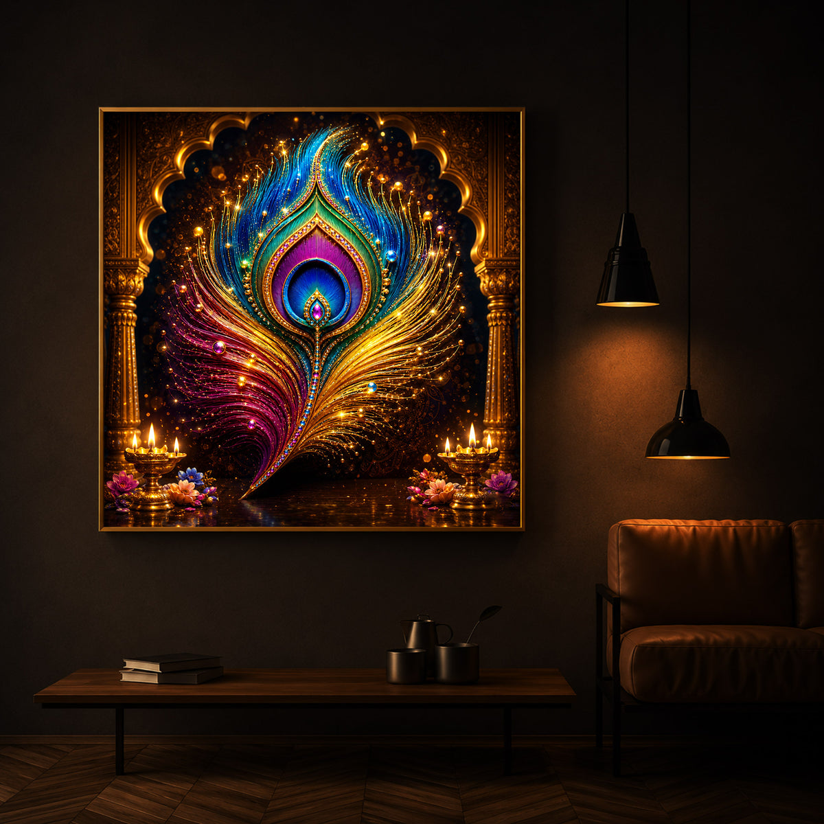 Glowing Peacock Feather Modern Luxury Backlight Square Wall Art