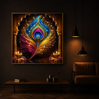 Glowing Peacock Feather Modern Luxury Backlight Square Wall Art